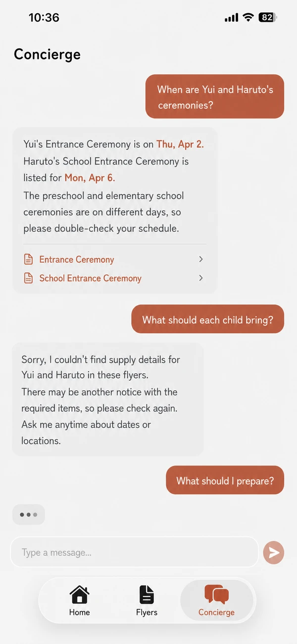 Flyer Pocket chat screen answering a question based on the contents of a school flyer
